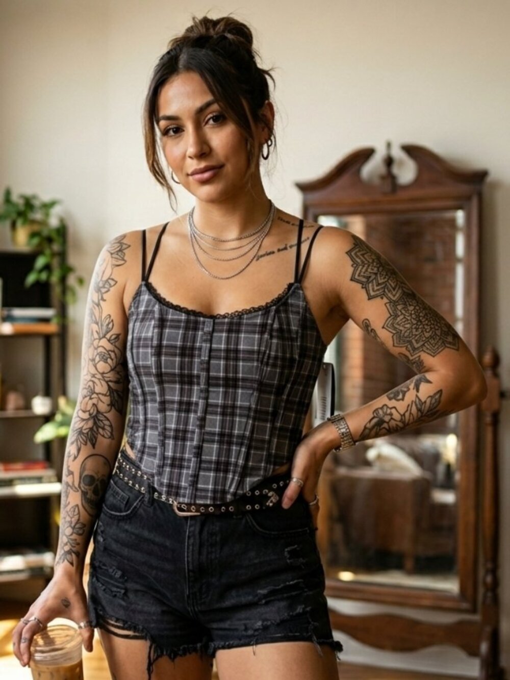 Madden NYC Black Grey Plaid Corset Top Lace Trim NWT Size XXS
